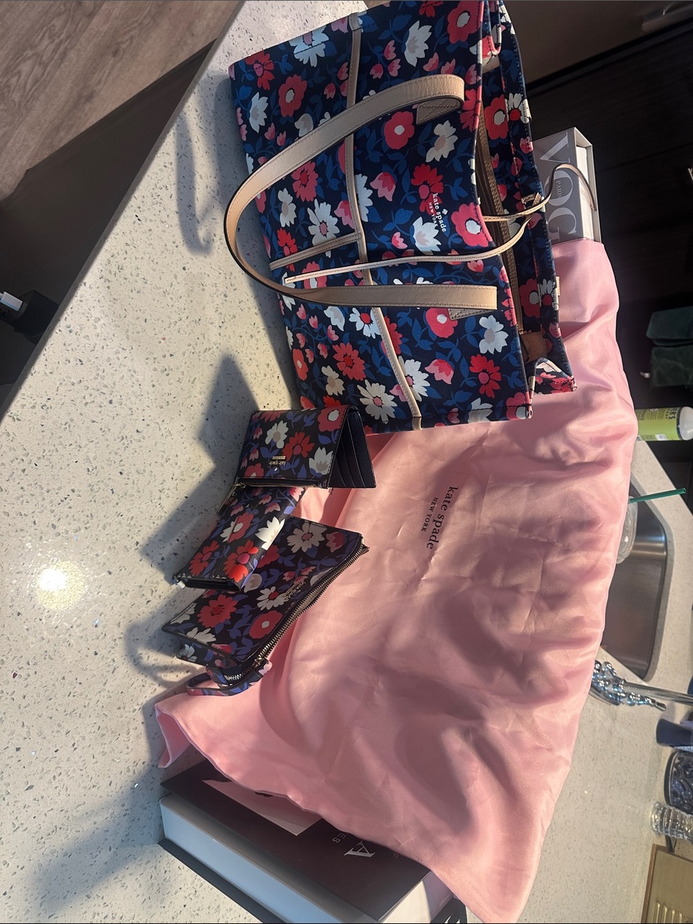 kate spade Navy Floral Tote,small Wallet, phone case, wristlet, dustbag